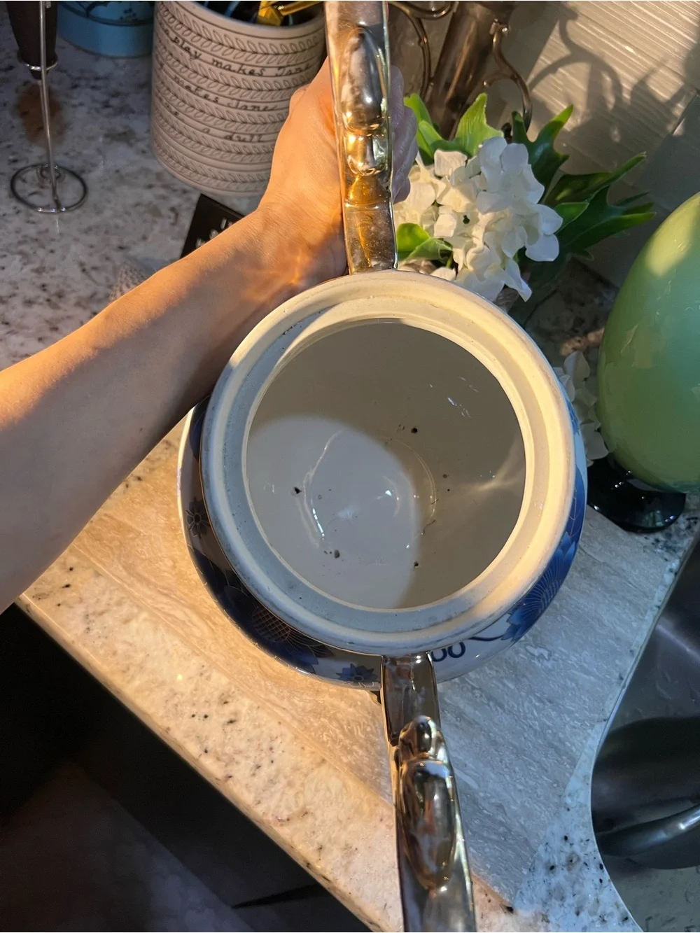 Blue Floral Porcelain Urn with Gold Dragon Handles